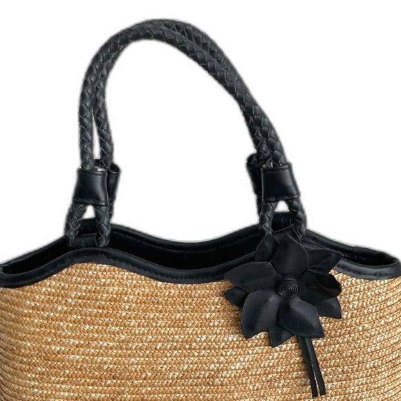 Straw Two-Handled Purse with Black Leather Braided Handles & Flower Accent - Picture 4 of 7